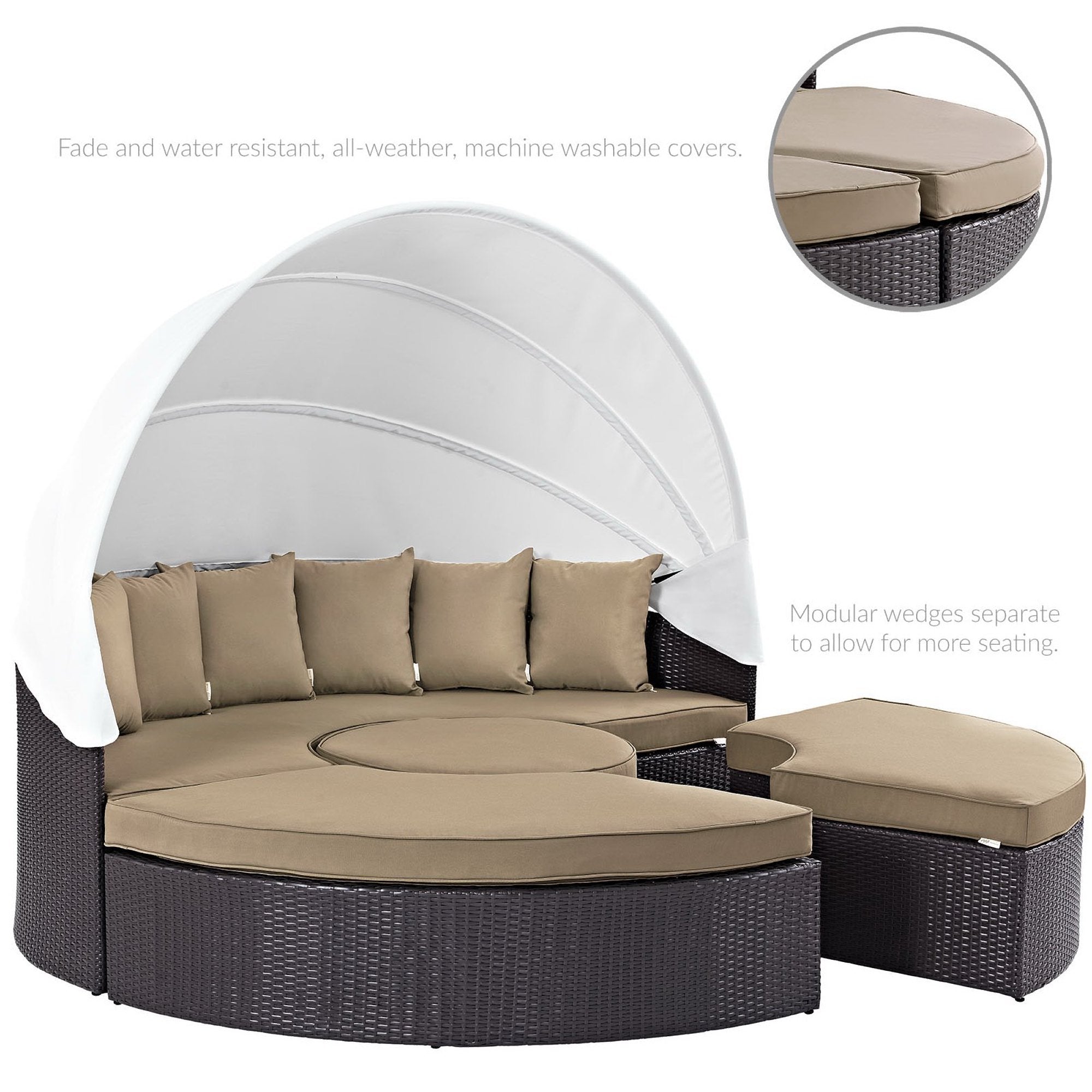 Quest Outdoor Patio Wicker Rattan Canopy Sectional Daybed, Espresso Mocha