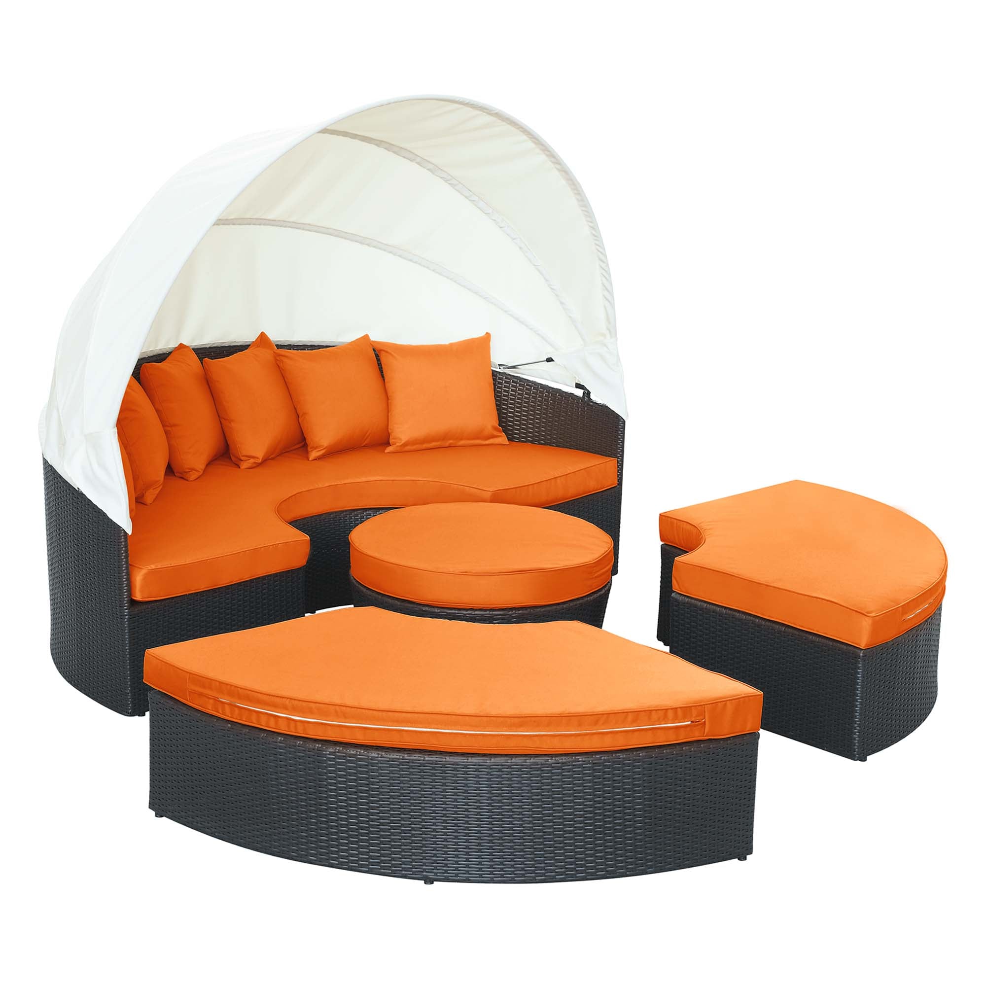 Ivrah Modular Espresso Rattan Circular Daybed – 4-Piece Outdoor Canopy Sectional Set