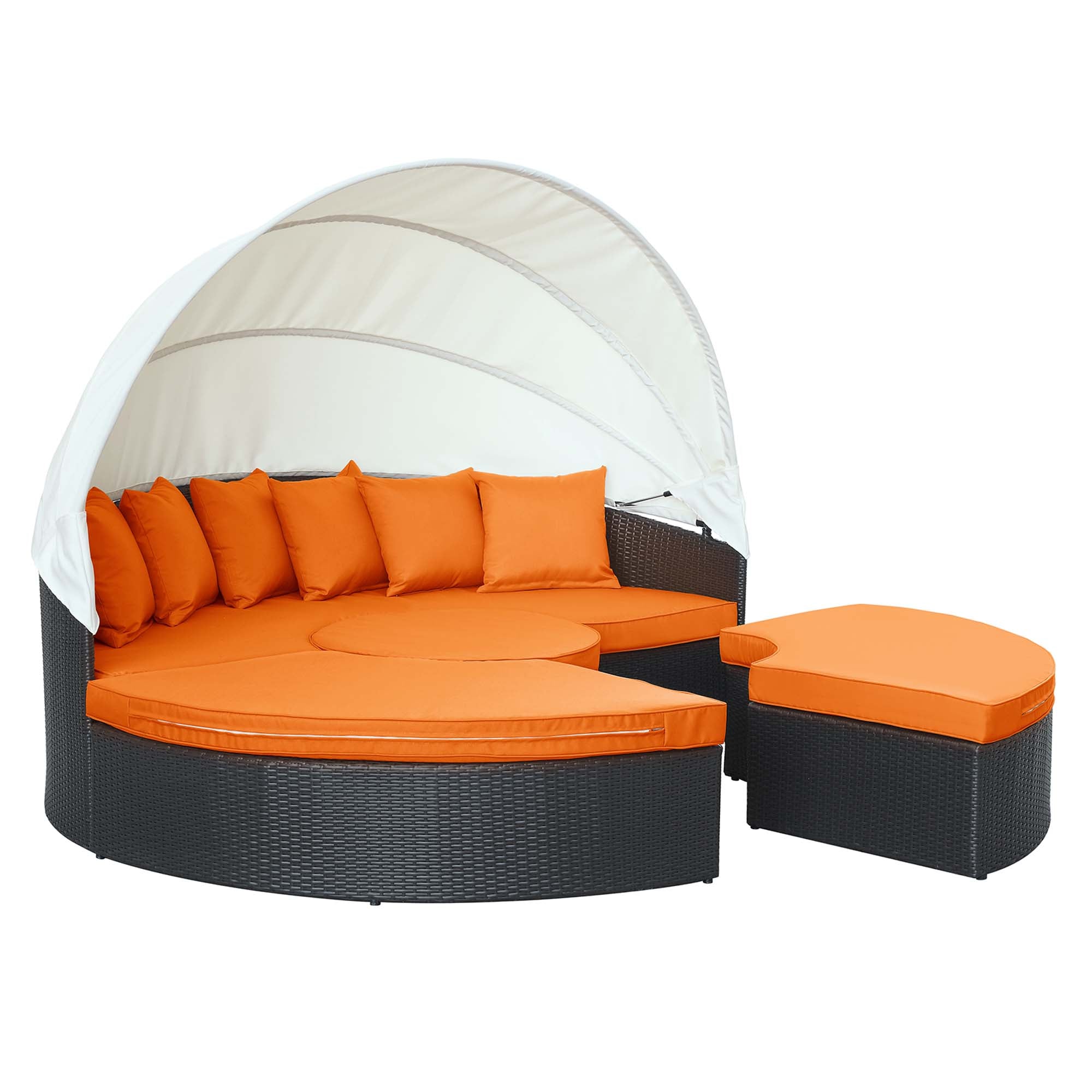 Ivrah Modular Espresso Rattan Circular Daybed – 4-Piece Outdoor Canopy Sectional Set