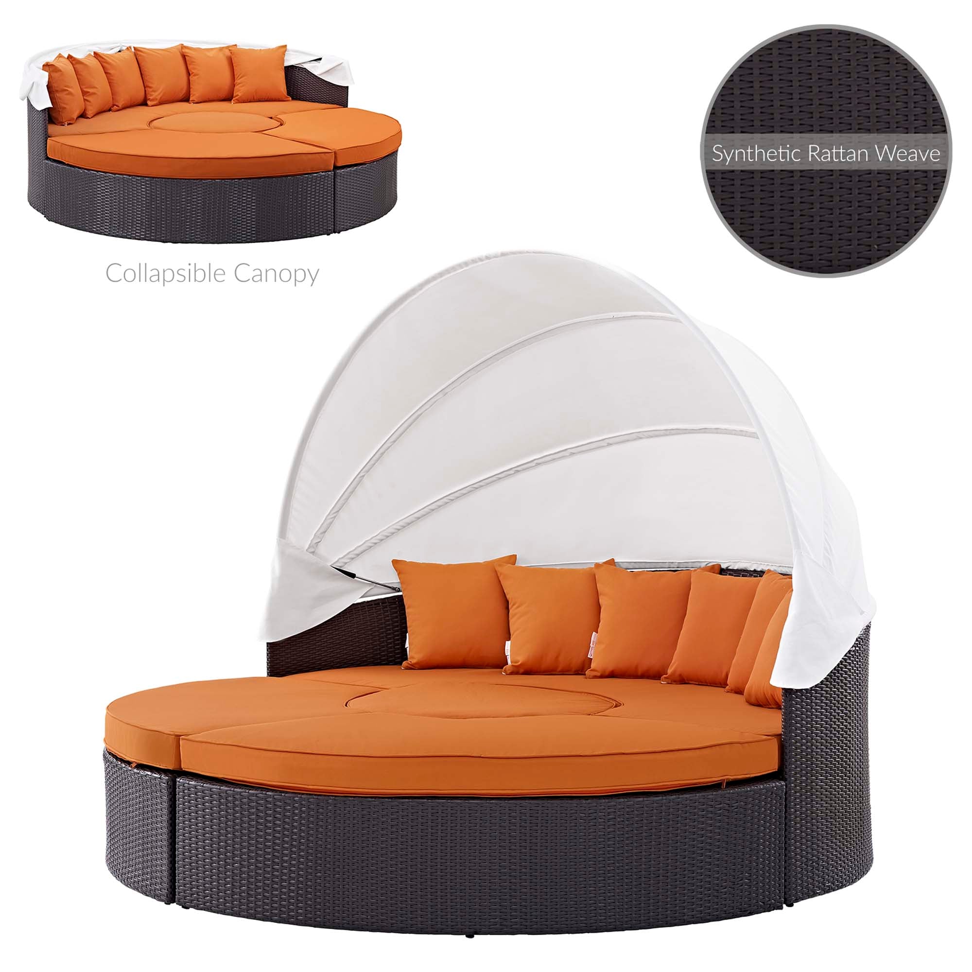 Ivrah Modular Espresso Rattan Circular Daybed – 4-Piece Outdoor Canopy Sectional Set