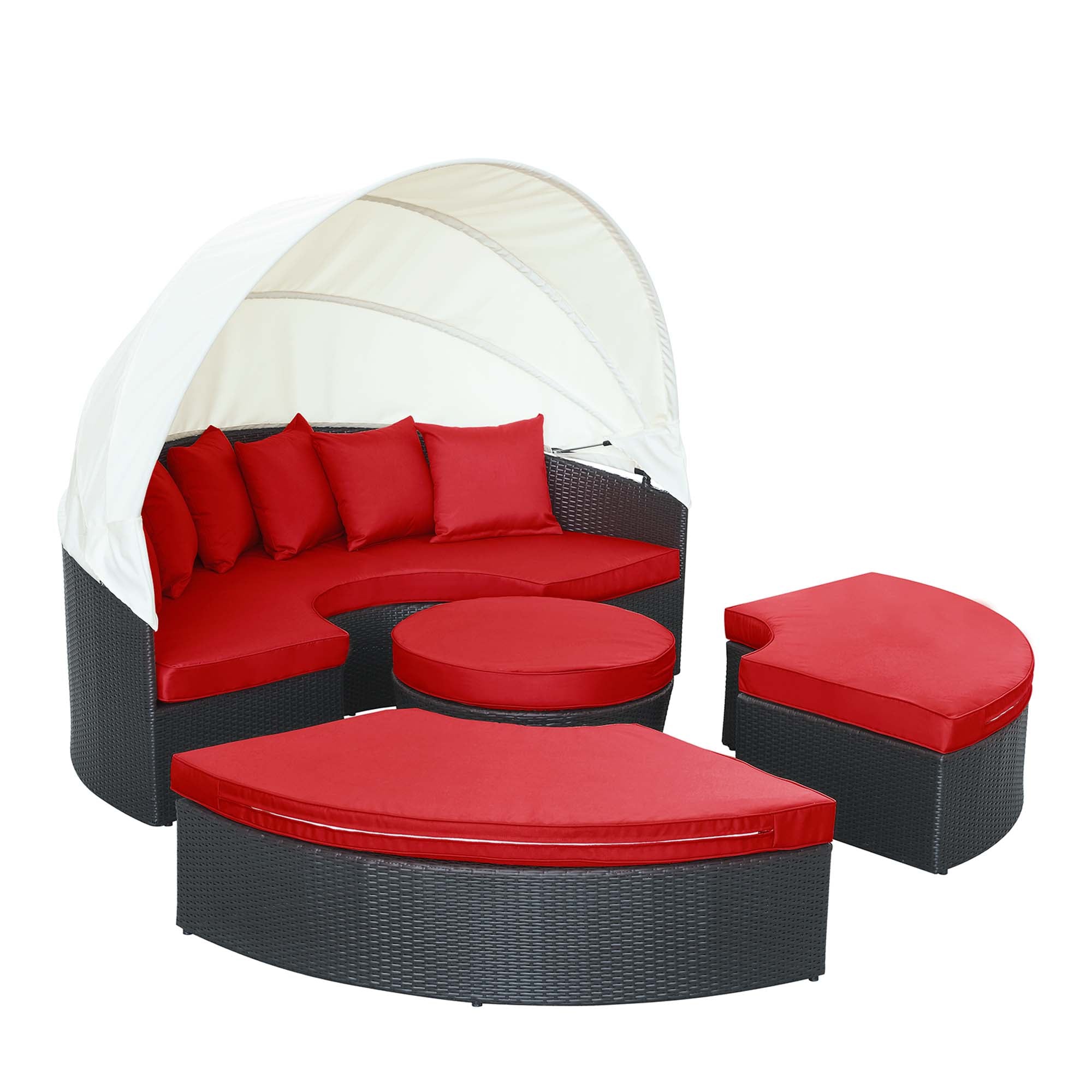 Quest Outdoor Patio Wicker Rattan Canopy Sectional Daybed, Espresso Red