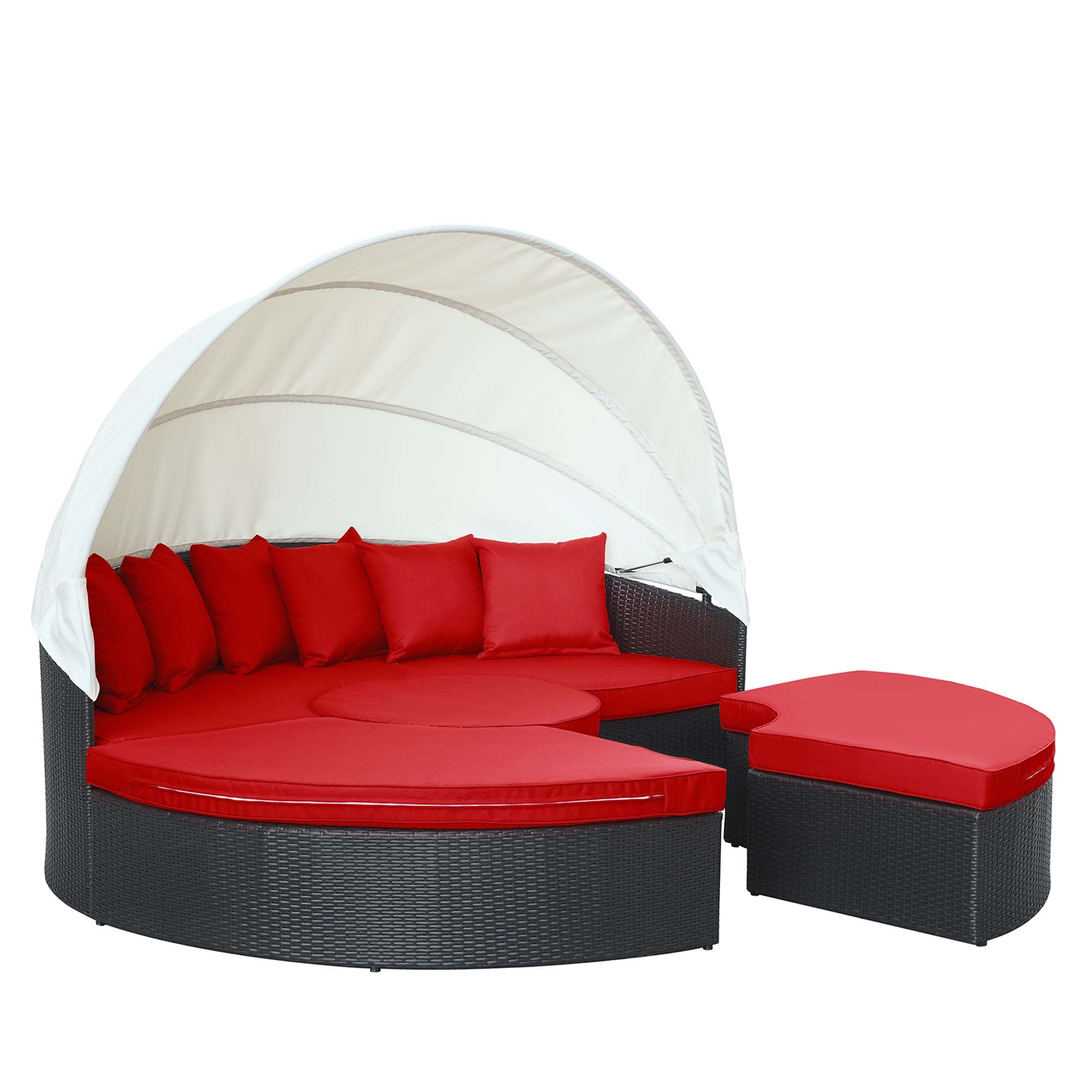 Quest Outdoor Patio Wicker Rattan Canopy Sectional Daybed, Espresso Red