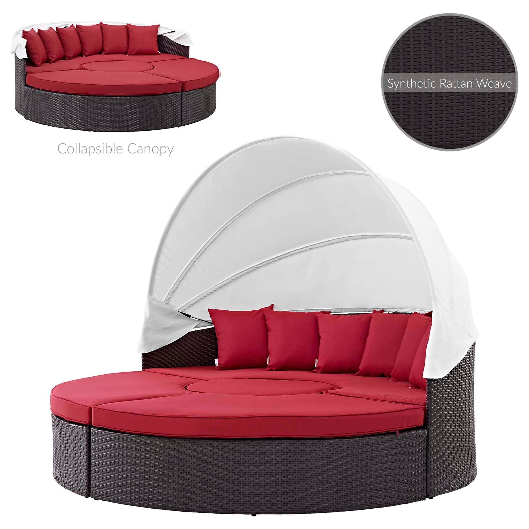 Quest Outdoor Patio Wicker Rattan Canopy Sectional Daybed, Espresso Red