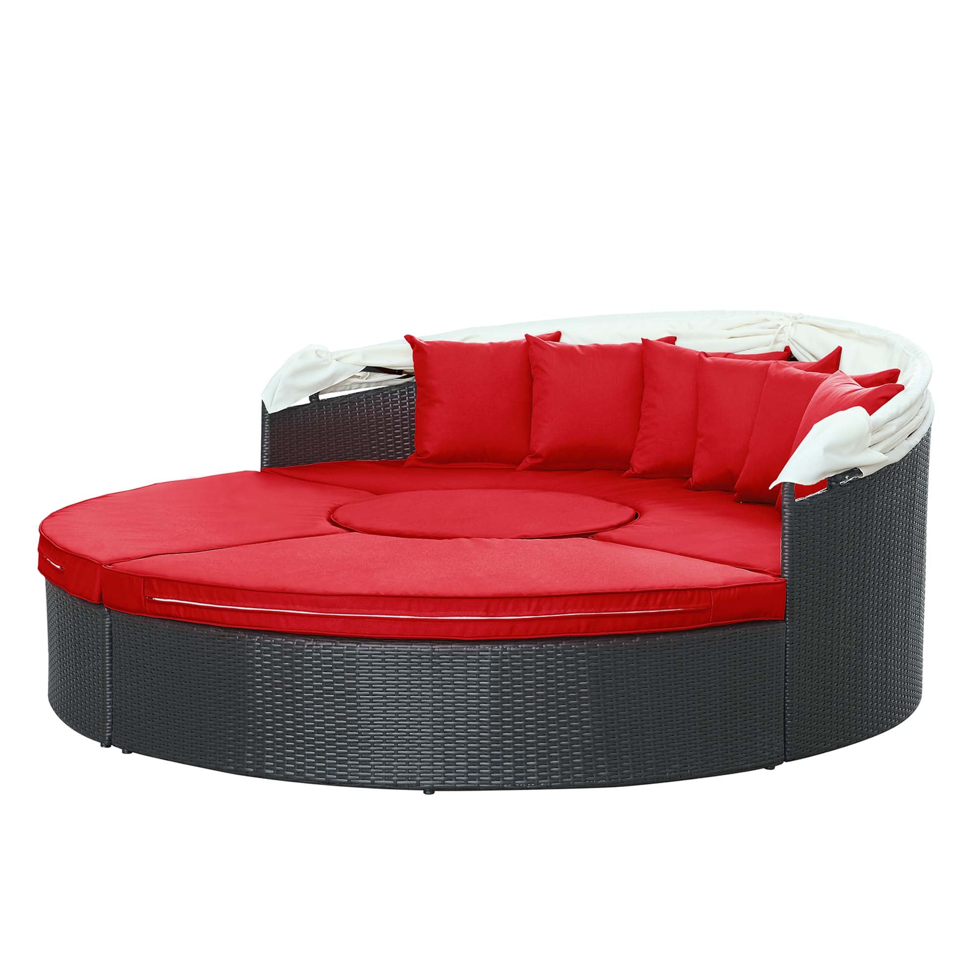 Quest Outdoor Patio Wicker Rattan Canopy Sectional Daybed, Espresso Red