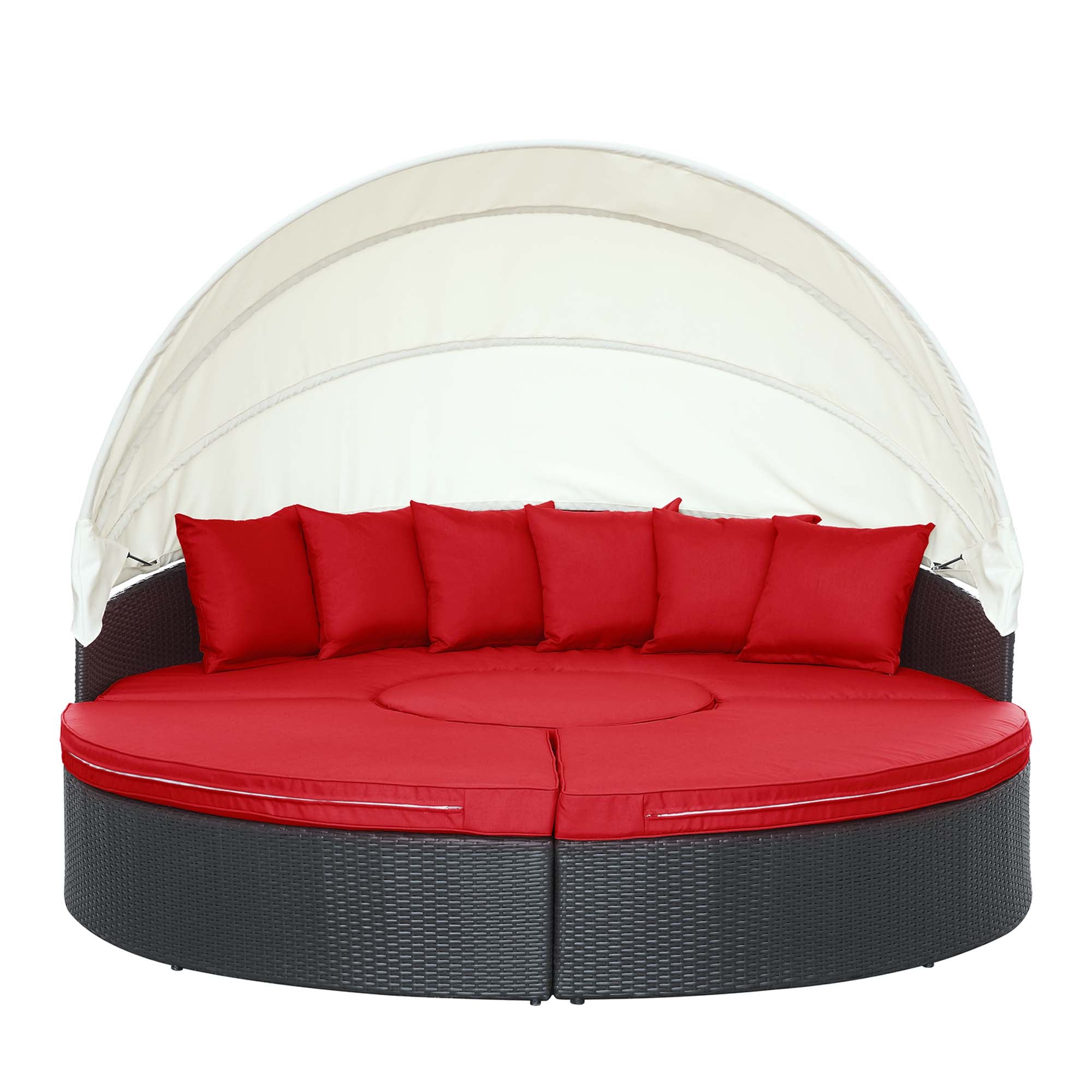 Quest Outdoor Patio Wicker Rattan Canopy Sectional Daybed, Espresso Red