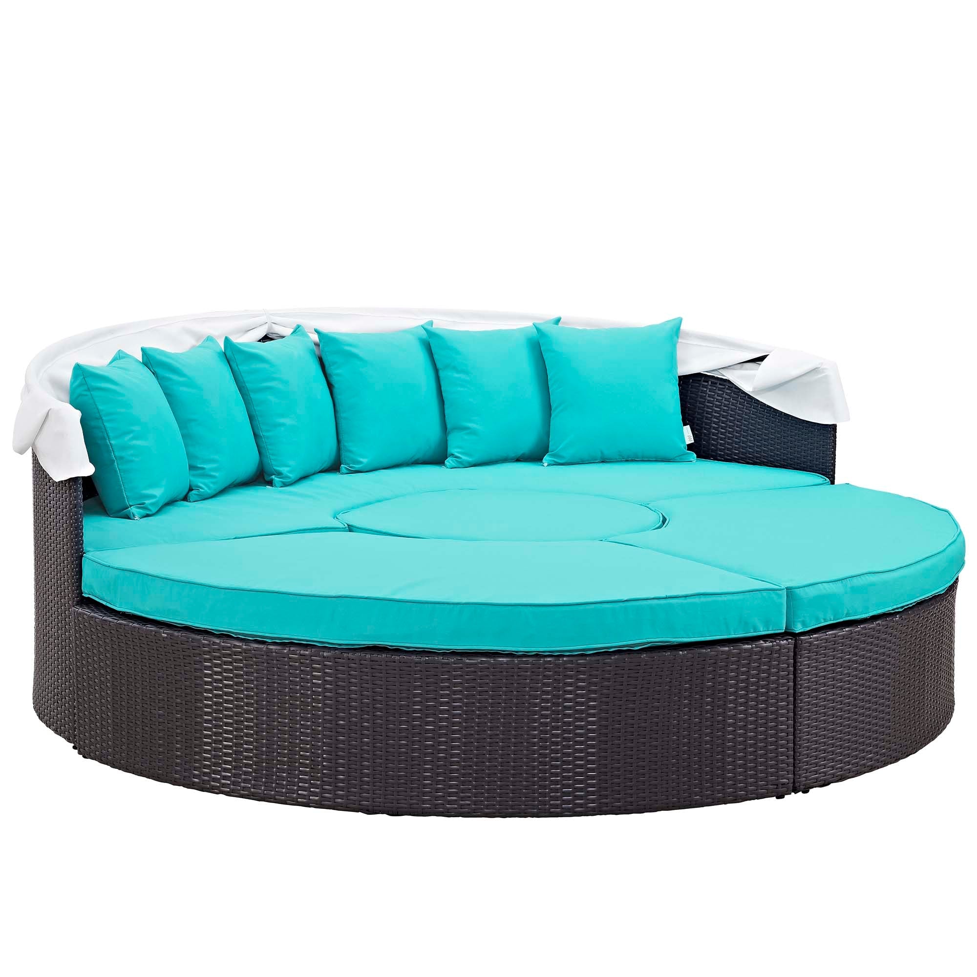 Quest Outdoor Patio Wicker Rattan Canopy Sectional Daybed, Espresso Turquoise