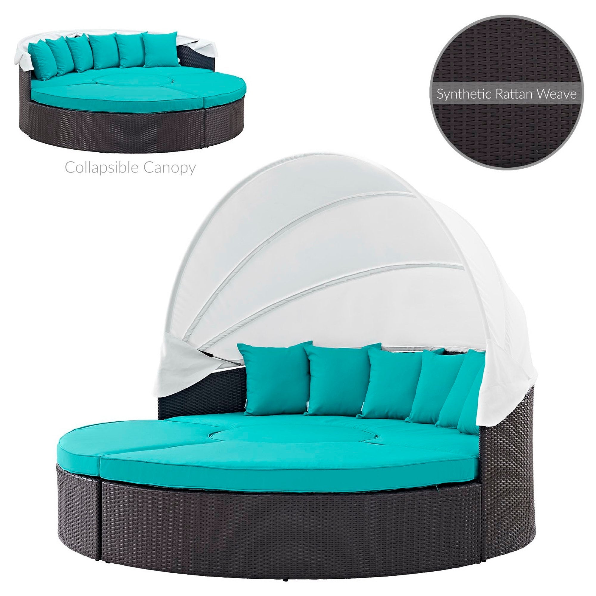 Quest Outdoor Patio Wicker Rattan Canopy Sectional Daybed, Espresso Turquoise