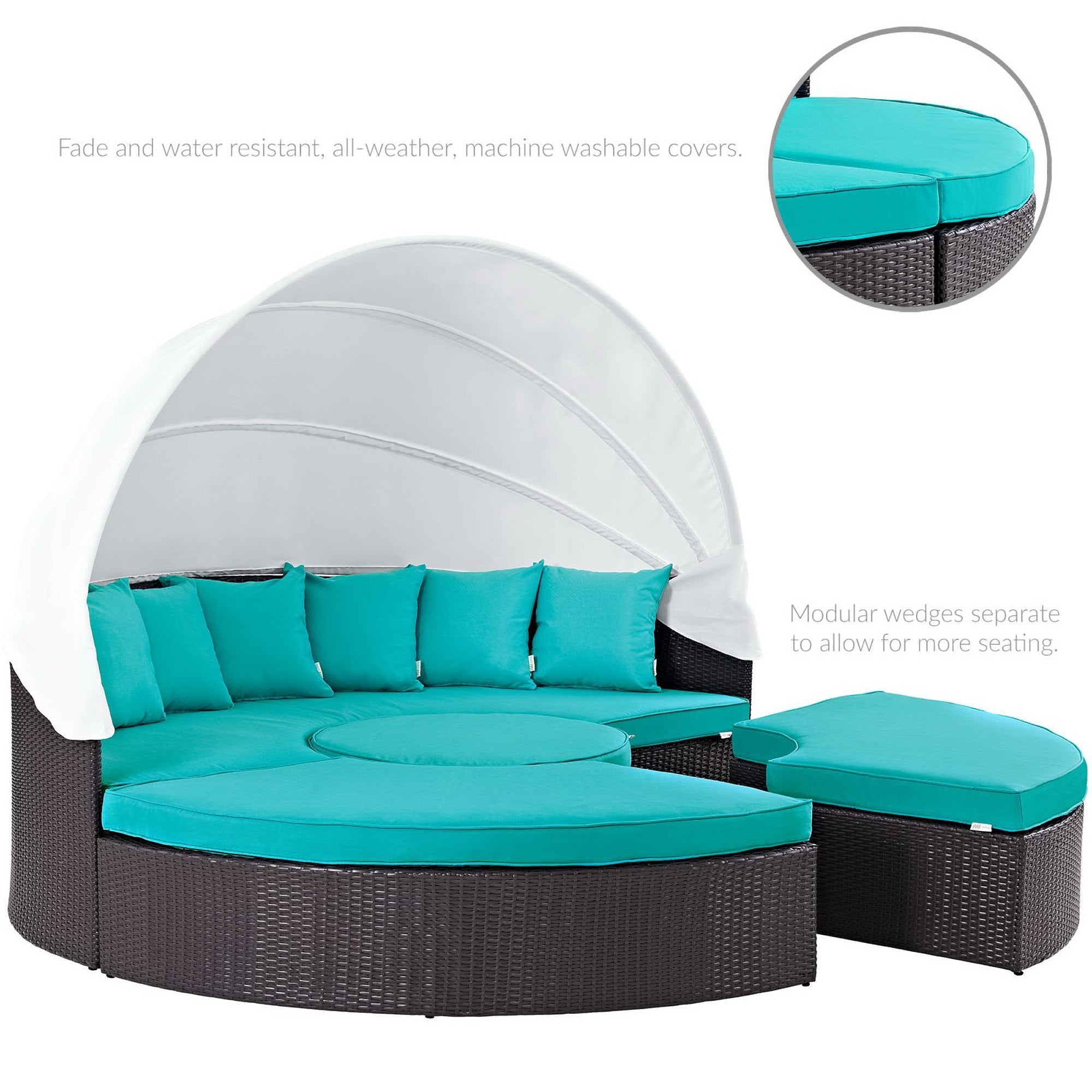 Quest Outdoor Patio Wicker Rattan Canopy Sectional Daybed, Espresso Turquoise