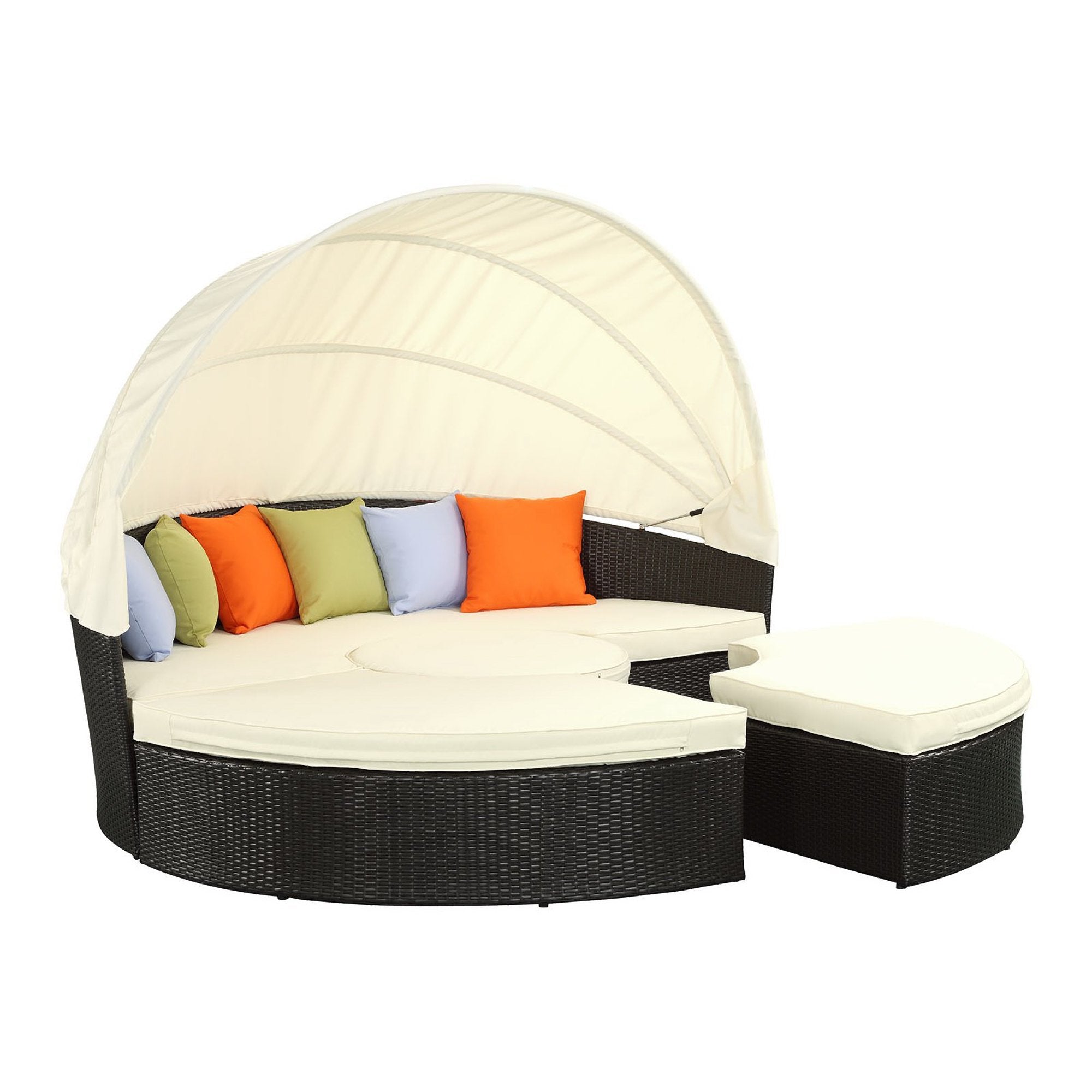 Quest Outdoor Patio Wicker Rattan Canopy Sectional Daybed, Espresso White