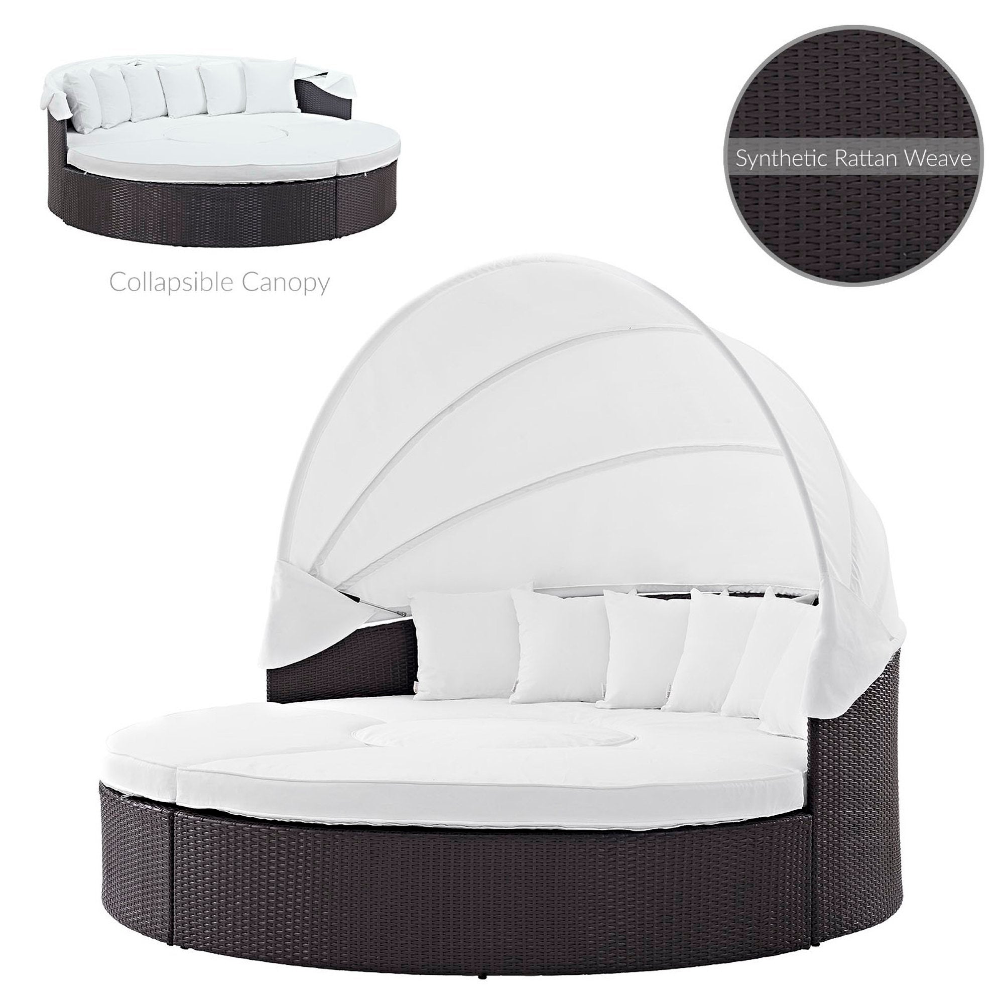 Quest Outdoor Patio Wicker Rattan Canopy Sectional Daybed, Espresso White