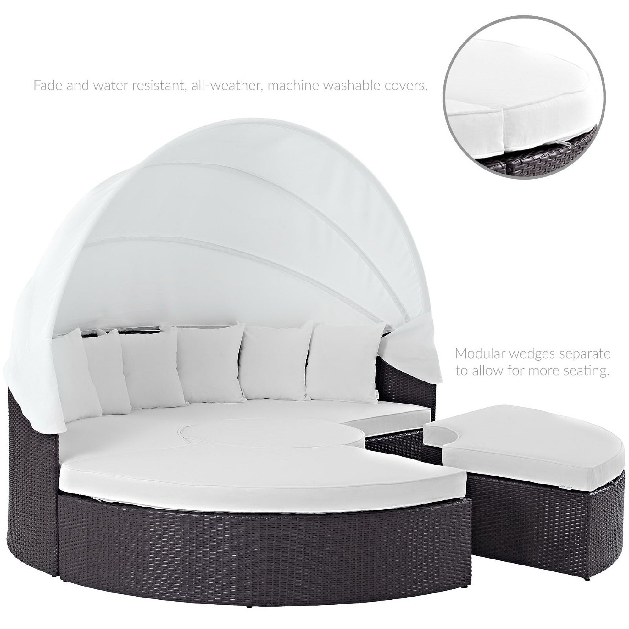 Quest Outdoor Patio Wicker Rattan Canopy Sectional Daybed, Espresso White