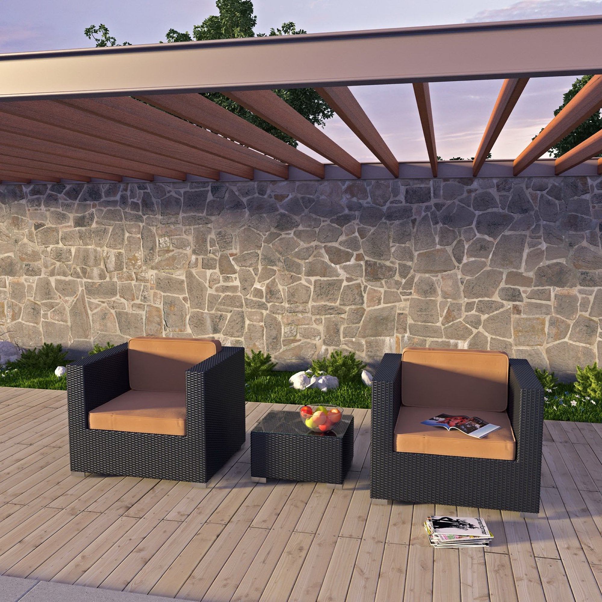 Burrow 3 Piece Outdoor Patio Sofa Set, Espresso Mocha