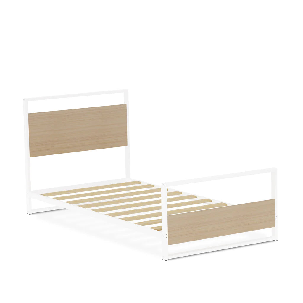 Paras Erie Twin White Metal Bed Frame – Modern Platform Bed with Wood Laminate Accents
