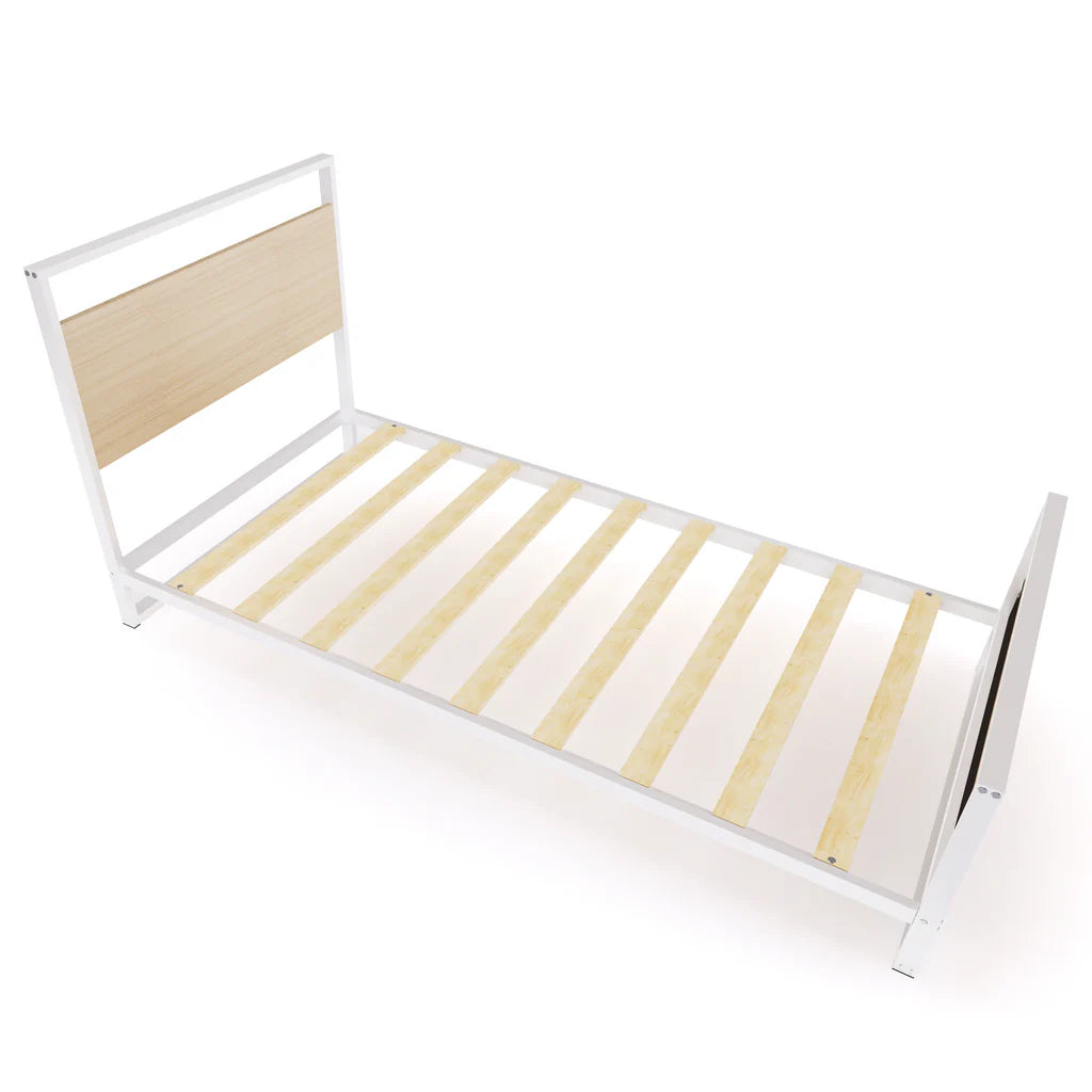 Paras Erie Twin White Metal Bed Frame – Modern Platform Bed with Wood Laminate Accents