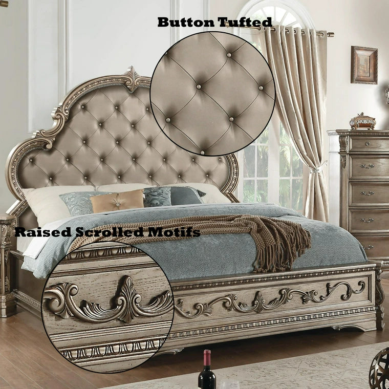 Harbor Northville Eastern King Antique Silver Bed – Synthetic Leather & Wood, Tufted Classic Design