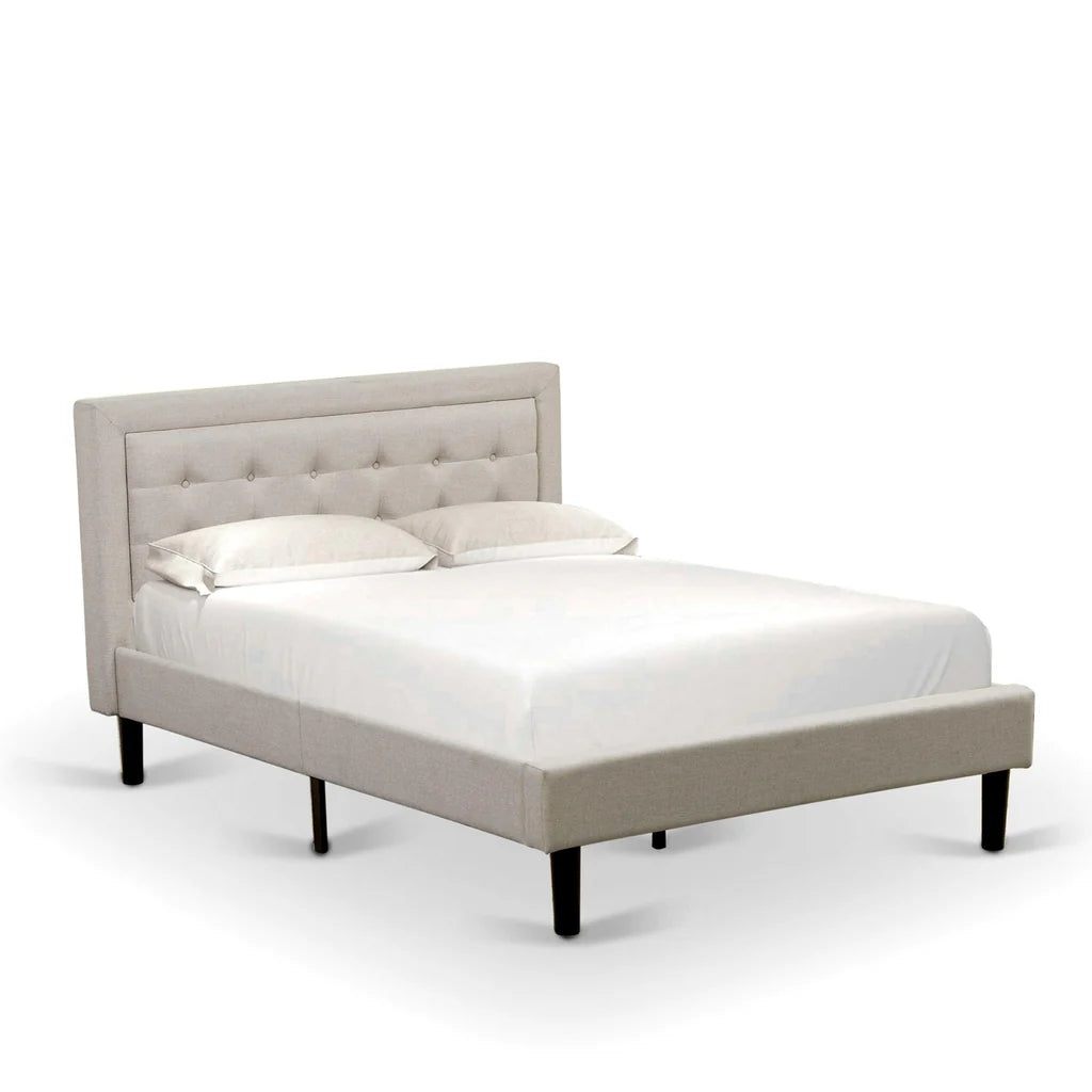 Katya Camden Collection Full Linen Upholstered Platform Bed – Mist Beige, Button Tufted, Trim Design