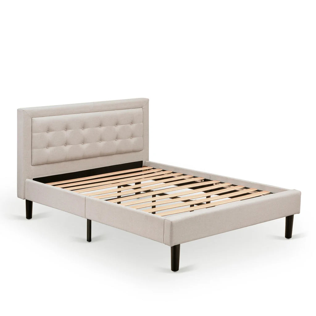 Katya Camden Collection Full Linen Upholstered Platform Bed Mist Beige, Button Tufted, Trim Design