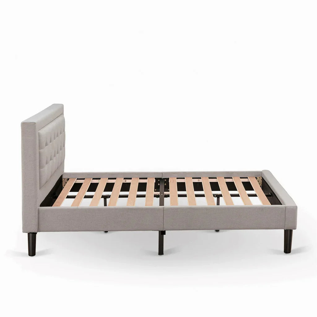Katya Camden Collection Full Linen Upholstered Platform Bed Mist Beige, Button Tufted, Trim Design