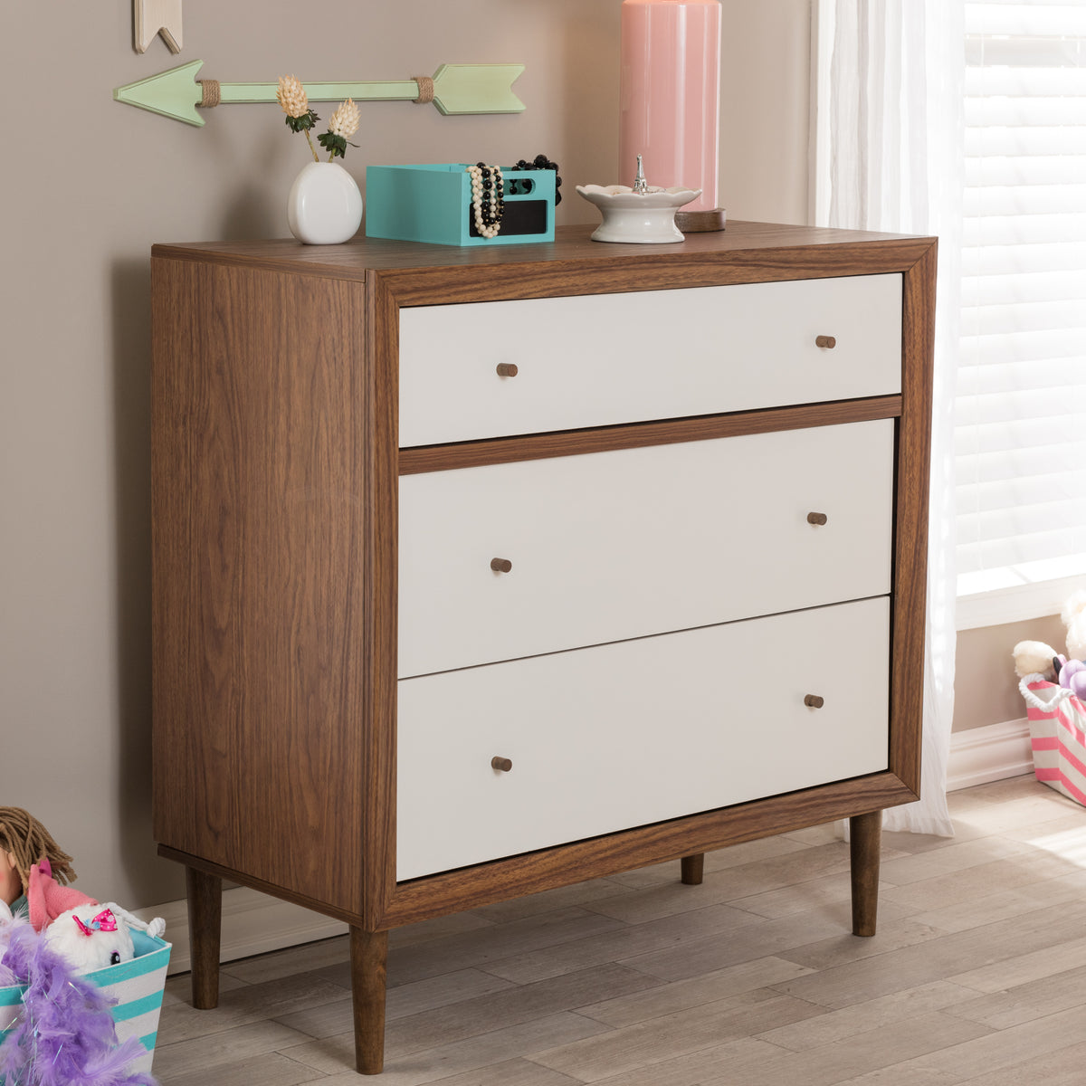Harlow Mid-century Modern Scandinavian Style White and Walnut Wood 3-drawer Chest