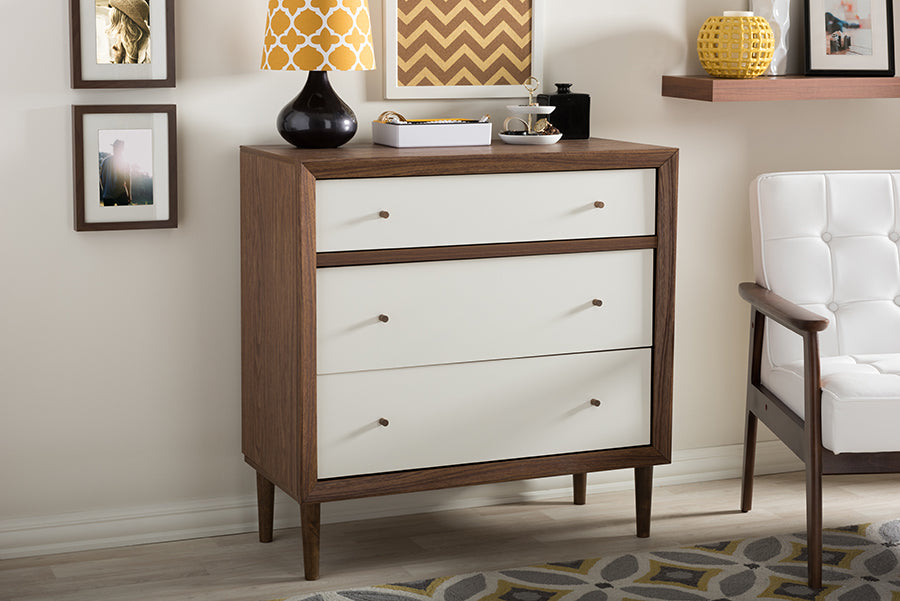 Harlow Mid-century Modern Scandinavian Style White and Walnut Wood 3-drawer Chest