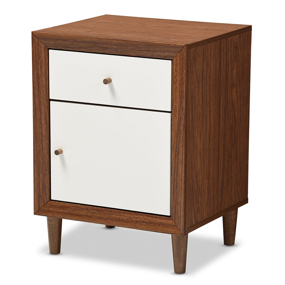 Harlow Mid-century Modern Scandinavian Style White and Walnut Wood 1-drawer and 1-door Nightstand