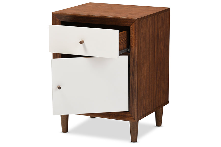 Harlow Mid-century Modern Scandinavian Style White and Walnut Wood 1-drawer and 1-door Nightstand