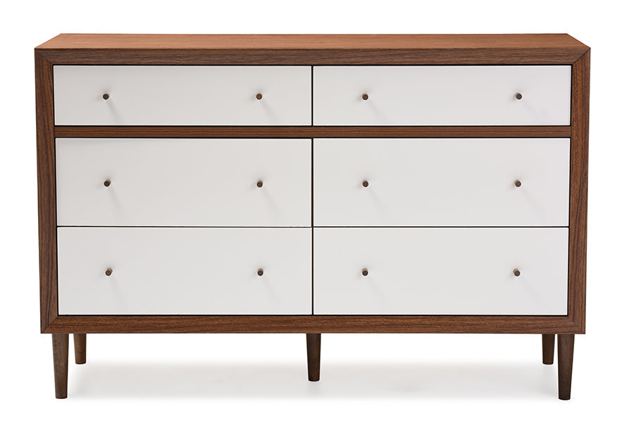 Harlow Mid-century Modern Scandinavian Style White and Walnut Wood 6-drawer Storage Dresser
