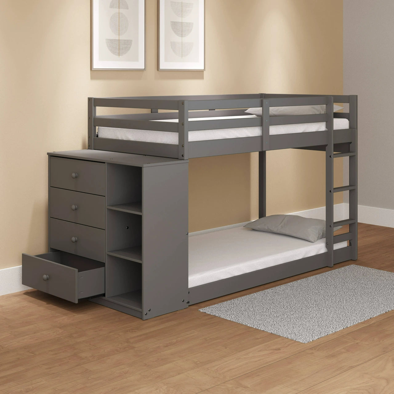 Nastik Gaston Gray Wood Bunk Bed T/T – With Drawers, Compartments & Ladder