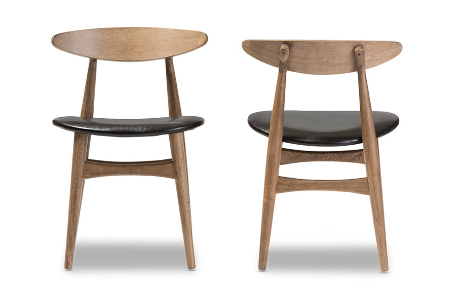 Edna Mid-Century Modern French Black Faux Leather and "Oak" Light Brown Finishing Wood 5-Peice Dining Set