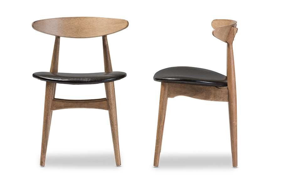 Edna Mid-Century Modern French Black Faux Leather and "Oak" Light Brown Finishing Wood Dining Chair