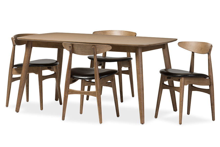 Edna Mid-Century Modern French Black Faux Leather and "Oak" Light Brown Finishing Wood 5-Peice Dining Set