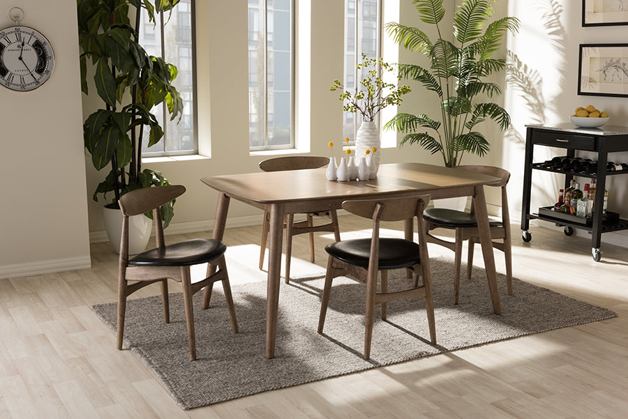 Edna Mid-Century Modern French Black Faux Leather and "Oak" Light Brown Finishing Wood 5-Peice Dining Set