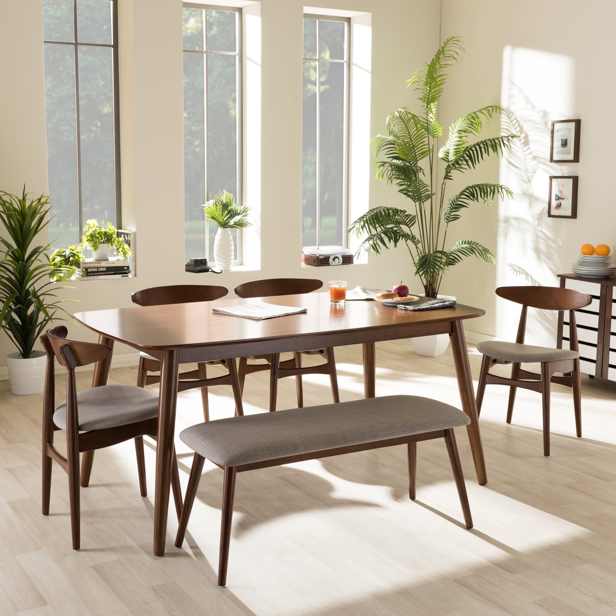 Flora Mid-Century Modern Light Grey Fabric and "Oak" Medium Brown Finishing Wood 6-Piece Dining Set