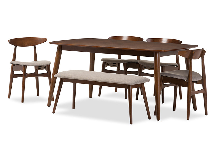 Flora Mid-Century Modern Light Grey Fabric and "Oak" Medium Brown Finishing Wood 6-Piece Dining Set