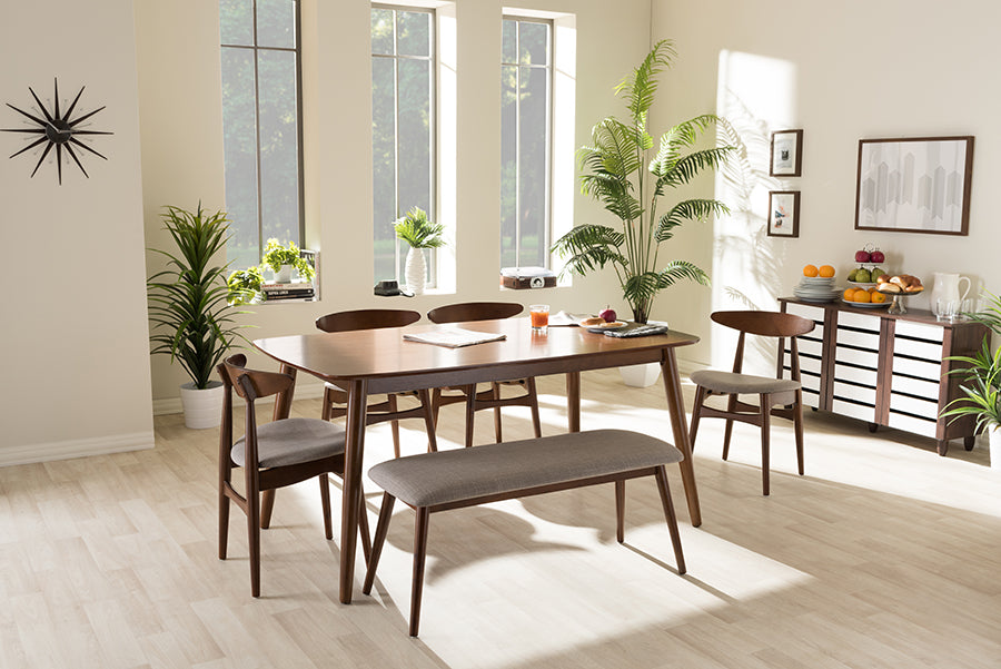 Flora Mid-Century Modern Light Grey Fabric and "Oak" Medium Brown Finishing Wood 6-Piece Dining Set