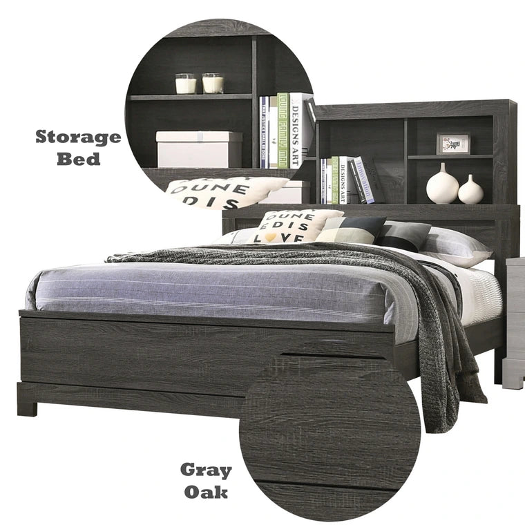 Amma Lantha Queen Gray Oak Wood Platform Bed – Modern Storage Headboard with Open Compartments