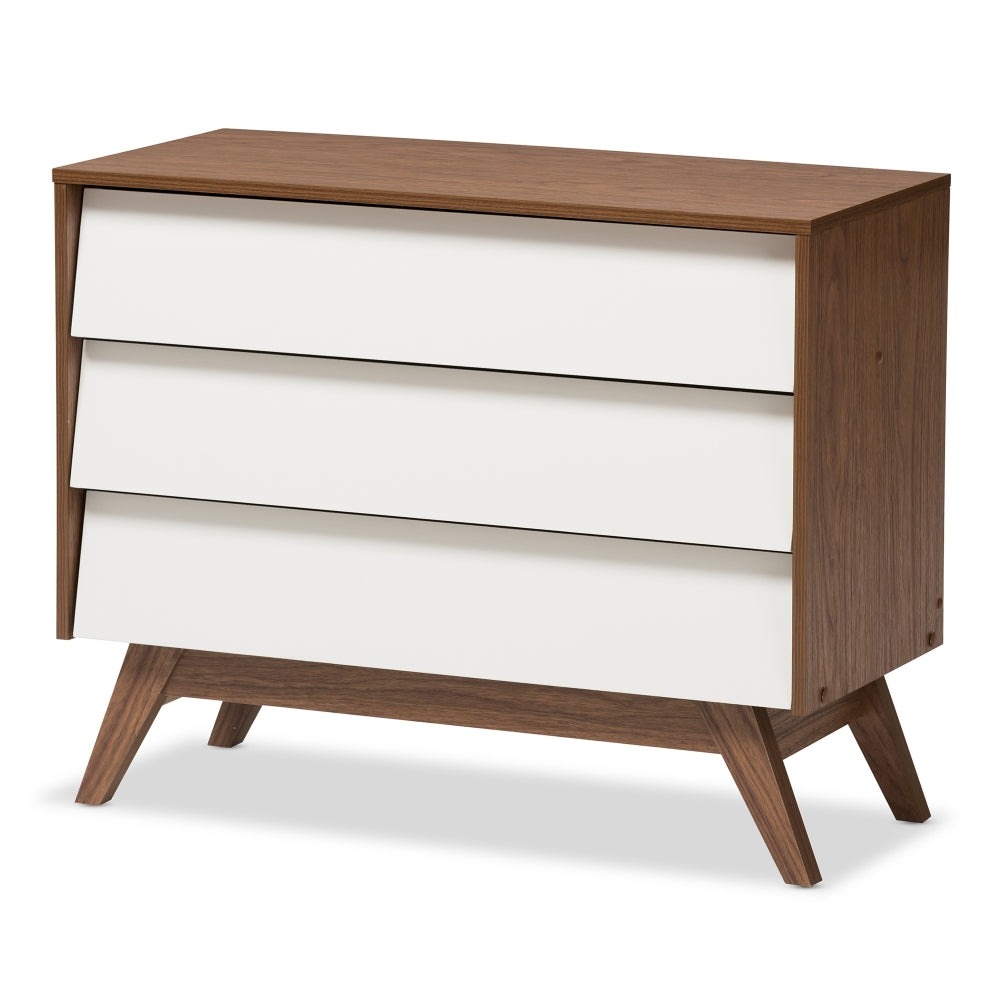Hildon Mid-Century Modern White and Walnut Wood 3-Drawer Storage Chest