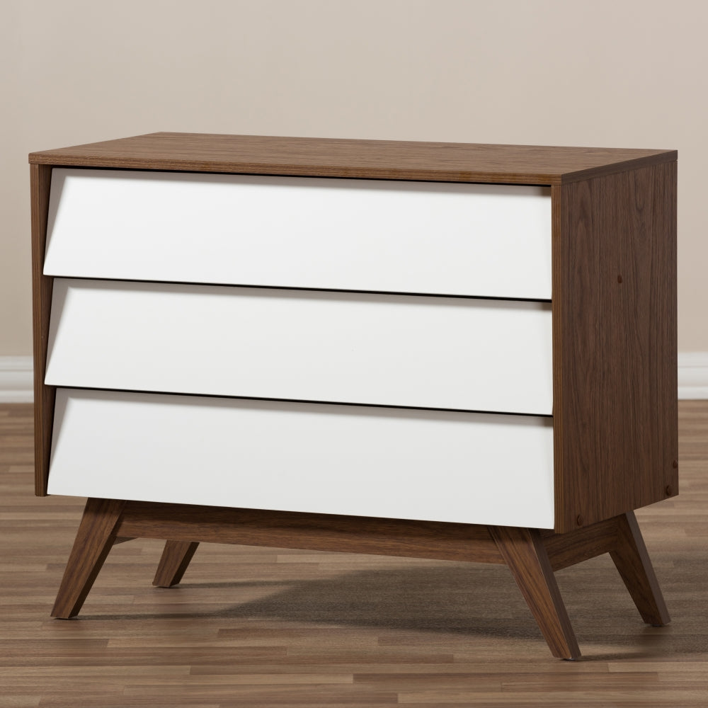 Hildon Mid-Century Modern White and Walnut Wood 3-Drawer Storage Chest