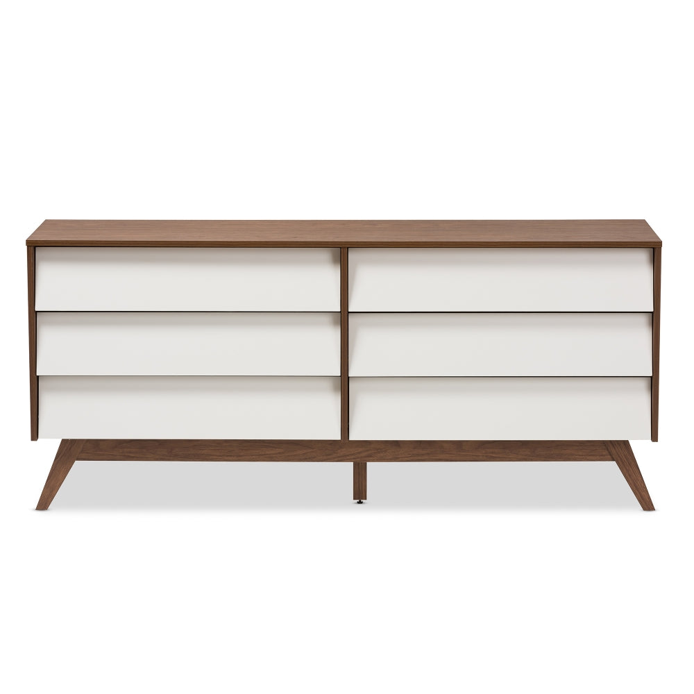 Hildon Mid-Century Modern White and Walnut Wood 6-Drawer Storage Dresser