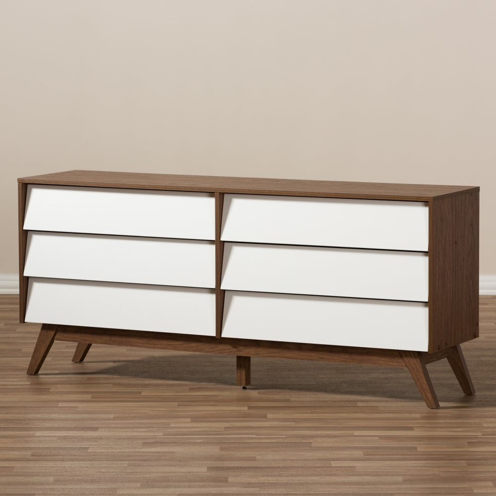 Hildon Mid-Century Modern White and Walnut Wood 6-Drawer Storage Dresser