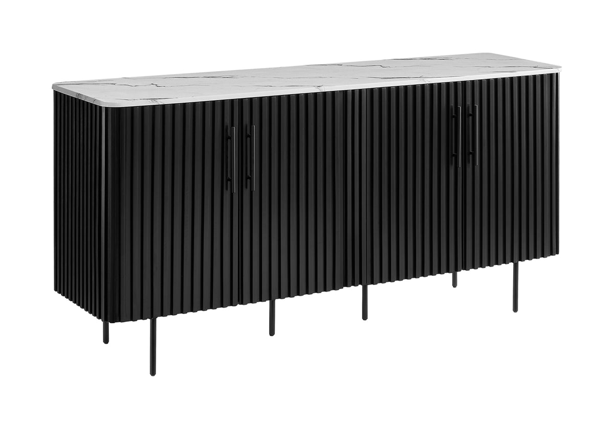 Cabinet, 66" Wide, Sideboard, Buffet, Dining Room, White Faux Marble, Black Laminate, Contemporary, Modern