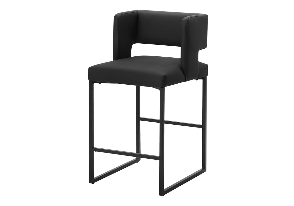Barstool, Counter Height, Set Of 2, Kitchen, Black Leather Look, Black Metal, Contemporary, Modern