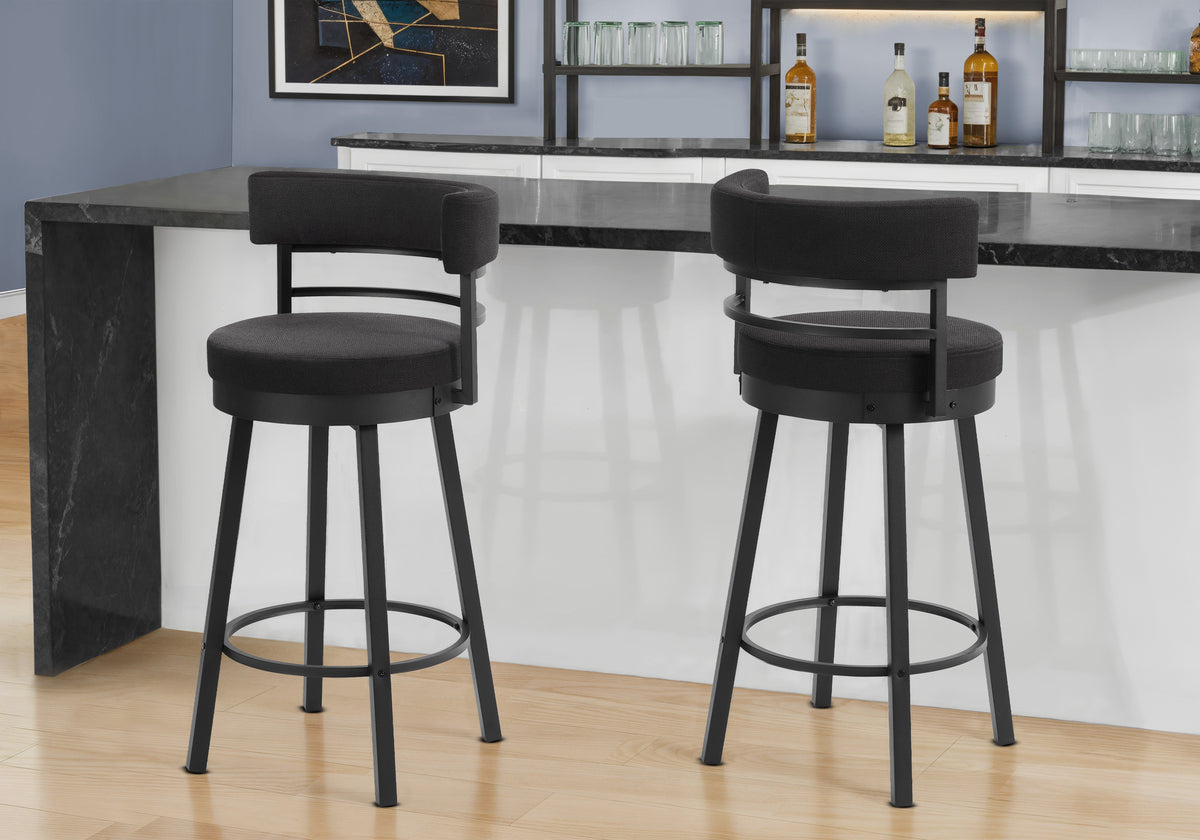 Barstool, 39"" Height, Swivel, Bar Height, Set Of 2, Black Fabric, Black Metal, Contemporary, Modern