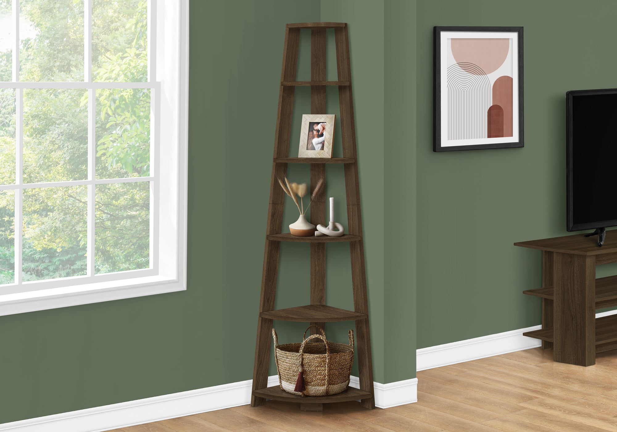 Pemberly - Bookshelf Bookcase Etagere Corner 5 Tier 72"H Office Bedroom Walnut