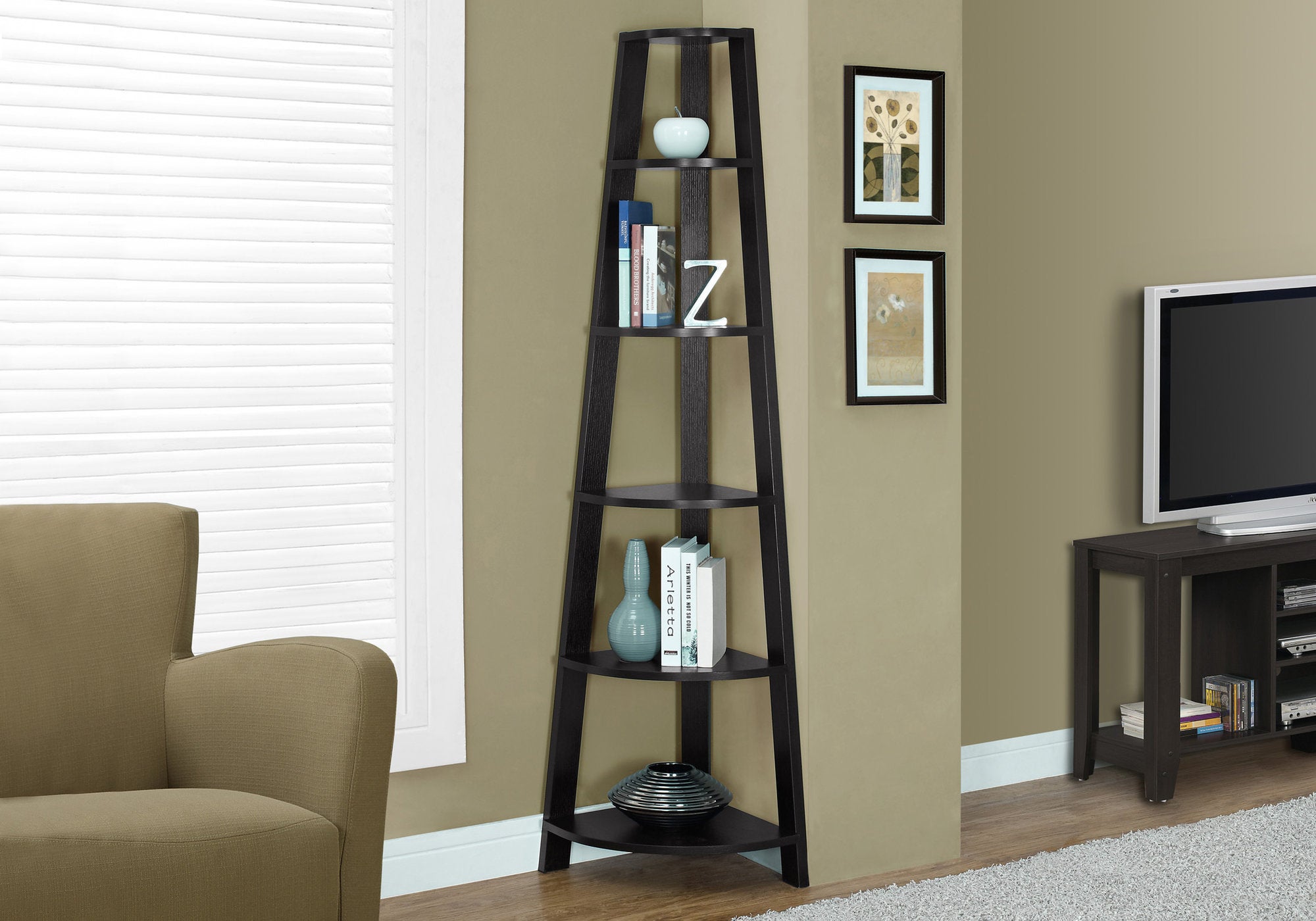 Cardiff - Bookshelf Bookcase Etagere Corner 5 Tier 72"H Office Bedroom Brown