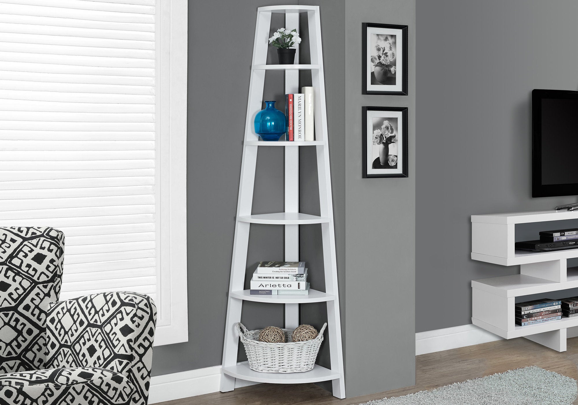 Keswick - Bookshelf Bookcase Etagere Corner 5 Tier 72"H Office Bedroom White