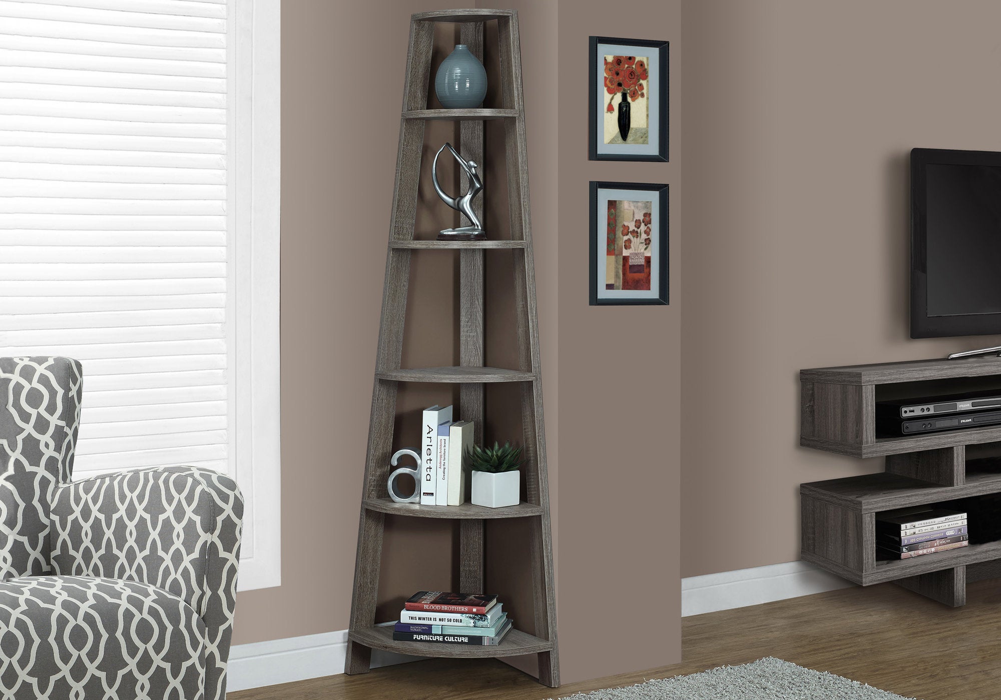 Barnes - Bookshelf Bookcase Etagere Corner 5 Tier 72"H Office Bedroom Brown
