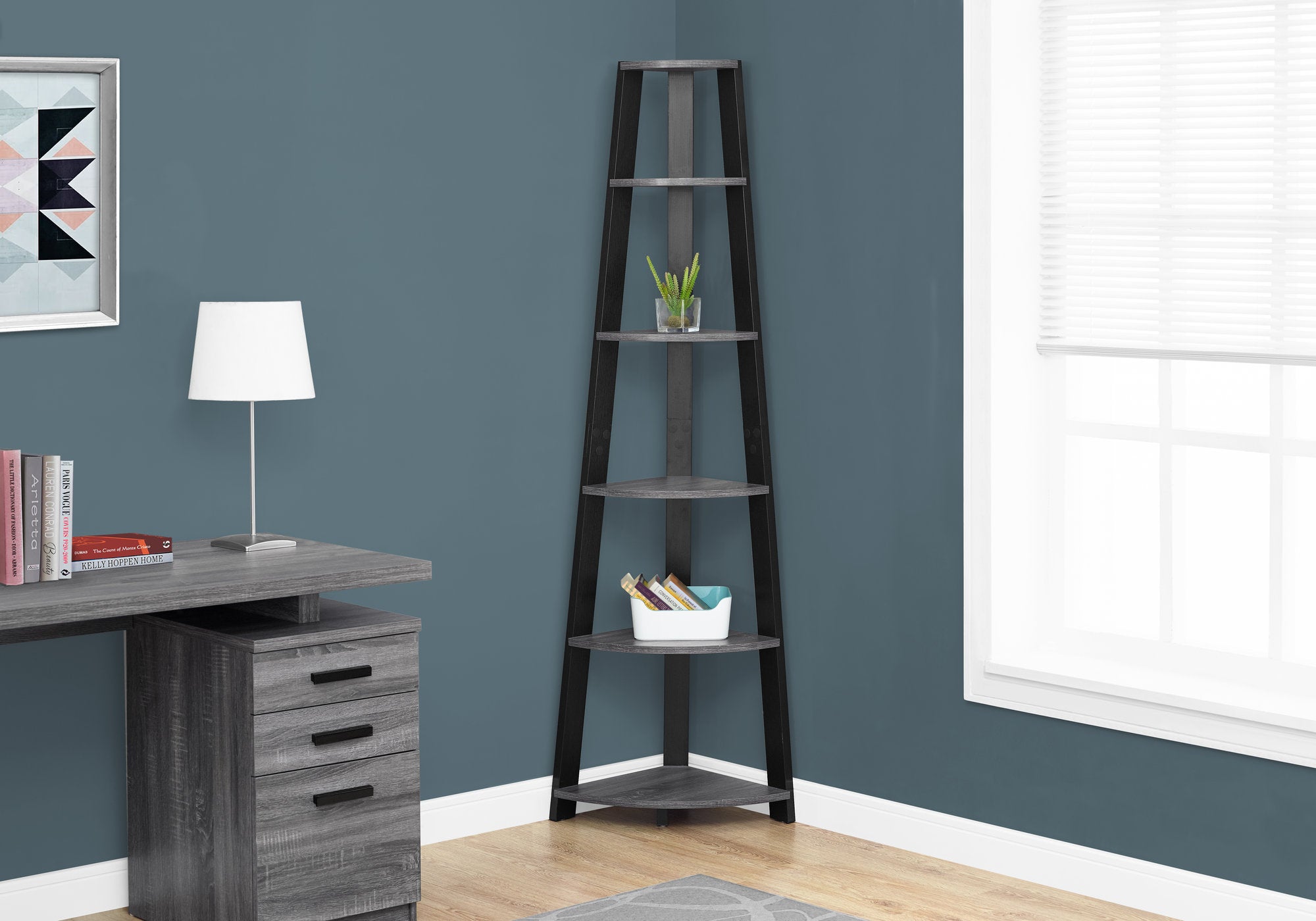 Nivernais - Bookshelf Bookcase Etagere Corner 5 Tier 72"H Office Bedroom Grey