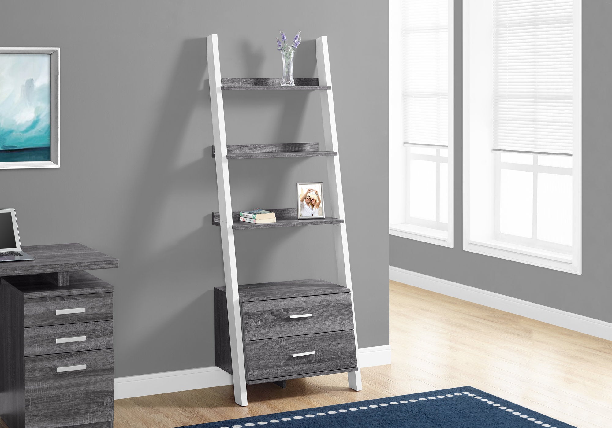 Chavanon - Bookshelf Bookcase Etagere Ladder 4 Tier 69"H Office Bedroom Grey