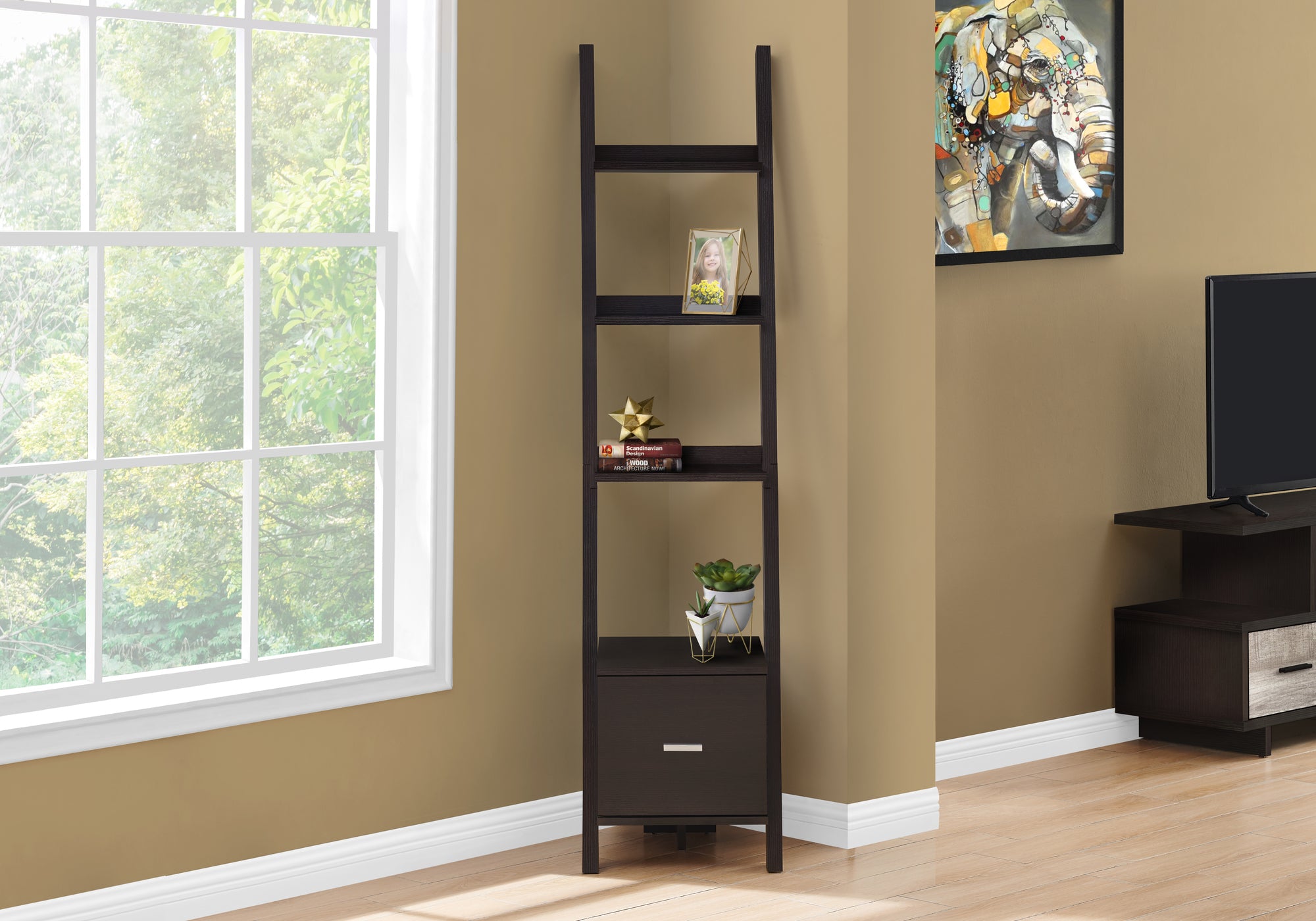 Vologne - Bookshelf Bookcase Etagere Corner Ladder 69"H Office Bedroom Brown Laminate